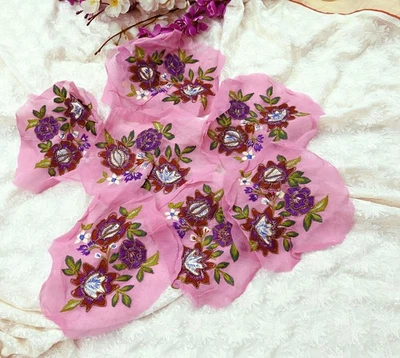 Vintage Pink pure Georgette Silk Rare Appliques - set of 7 Embroidered ANTIQUE - Image 1 of 4