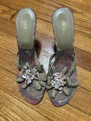 ANN MARINO SANDALS HEEL SHOES WITH SEA SHELLS  Green Leather With Print Art Sole - Image 1 of 4