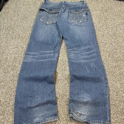 Pantalones de mezclilla MEK Bootcut solapa bolsillo vintage desgastados tiro medio Y2K Foto 1 de 4