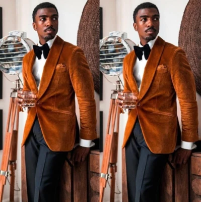 Brown Velvet Men's Suits Retro Shawl Lapel Evening Party Tuxedos Blazer Two Pcs - Image 1 of 4