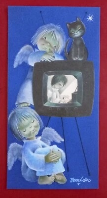 Happy Christmas Vintage 1970's Greeting Card Fairy Angels Cat Fairies Ferrandiz  - Image 1 of 3