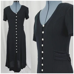 Vtg Fashion Bug Petite Black Fit & Flare Dress w Pearl Button Down Size 12P - Picture 1 of 16