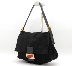 FENDI Mamma Baguette Shoulder Bag Black Suede Leather Authentic - Picture 1 of 11