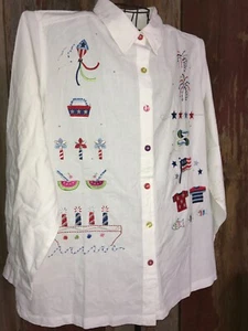 Camicia Quacker Factory QVC con bottoni manica lg fuochi d'artificio crociera spiaggia 4 luglio 2X - Foto 1 di 6