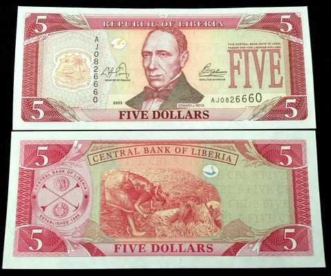 Liberia 5 Dollars 2003 Banknote World Paper Money UNC Currency Bill Note Cover