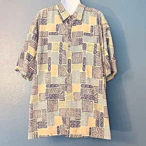 Men’s Tori Richard Hawaiian Shirt XL Blue Green Tribal Print Short Sleeve Cotton - Picture 1 of 10