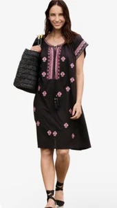 ELLOS 4X 34/36 Playa Shift Dress Black Pink Embroidered Cotton Boho Tassels - Picture 1 of 4