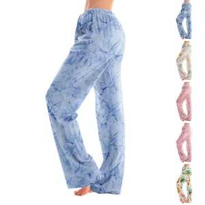 Women Hawaii Beach Pants Lounge Summer Comfy Floral Straight Leg Casual Trousers - Picture 1 of 28