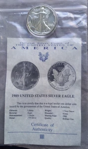 1989 AMERICAN SILVER LIBERTY EAGLE $1 ONE DOLLAR COIN COA - Picture 1 of 4