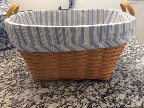 Longaberger Oval Laundry Basket combo W/ Protector and Striped Liner Cover