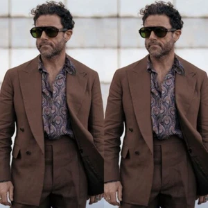 Marrón Hombres Trajes Lino Algodón Pico Ancho Solapa Formal Fiesta Novio Hombres Blazers - Imagen 1 de 7