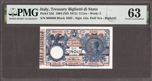 Italien 5 Lire 1904 (ND 1915) Pick-23d Wahl UNC PMG 63 - Bild 1 von 2
