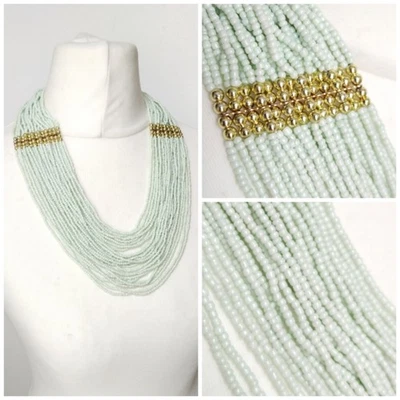 Light​ Mint Green Glass Seed Bead, Gold Tone Multi Strand Statement Necklace - Image 1 of 4