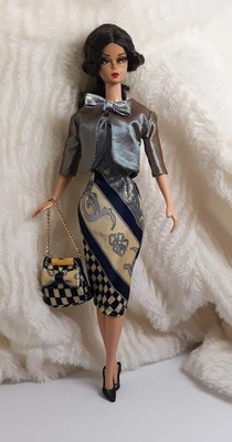 Ooak Outfit Dress Coat Bag Fits Silkstone Doll Barbie FR Handmade Blue Tone Silk - Image 1 of 4