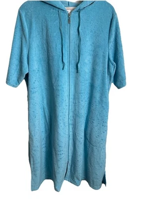 Stan Herman Blue Plush Short Sleeve Hood Zip Bathrobe Lounger Pockets Size Large - Image 1 of 4