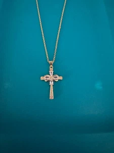 18 inch 925 gold plated cable chain with diamond cross pendant 10% to charity - Picture 1 of 2