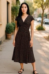 Nine West Dress Womens Small Black Polka Dot Short Sleeve Faux Wrap Midi Retro - Picture 1 of 13