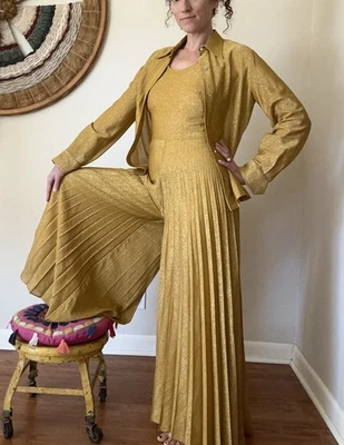 Vintage Miss Shaheen 1970s Gold Lurex Wide Leg Pleaded Jumpsuit Woman's M - Image 1 of 4