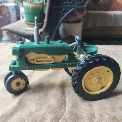 Vintage Farm Tractor Toy Wooden Handmade John Deere Colors Detailed Knobby Tires - Image 1 of 4