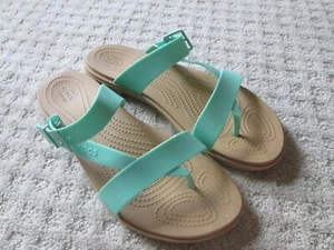 Tan/ Blue Women's 11 Slip On Crocs Iconic Comfort w/ Toe T-Strap Open Heel - Picture 1 of 4