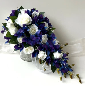 WEDDING TEADROP BOUQUET BLUE PURPLE ORCHIDS WHITE ROSES FLOWERS BRIDAL BOUQUETS - Picture 1 of 6