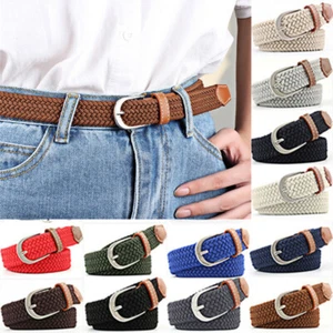 Unisex Stretch Elastic Canvas Buckle Jeans Braided Woven Waist Belt Waistband - Picture 1 of 36