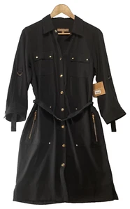 Vestido Camisa Ellen Tracy Negro Dorado Broches a Presiones y Cremallera Cintura Talla M Mangas 3/4 - Imagen 1 de 15