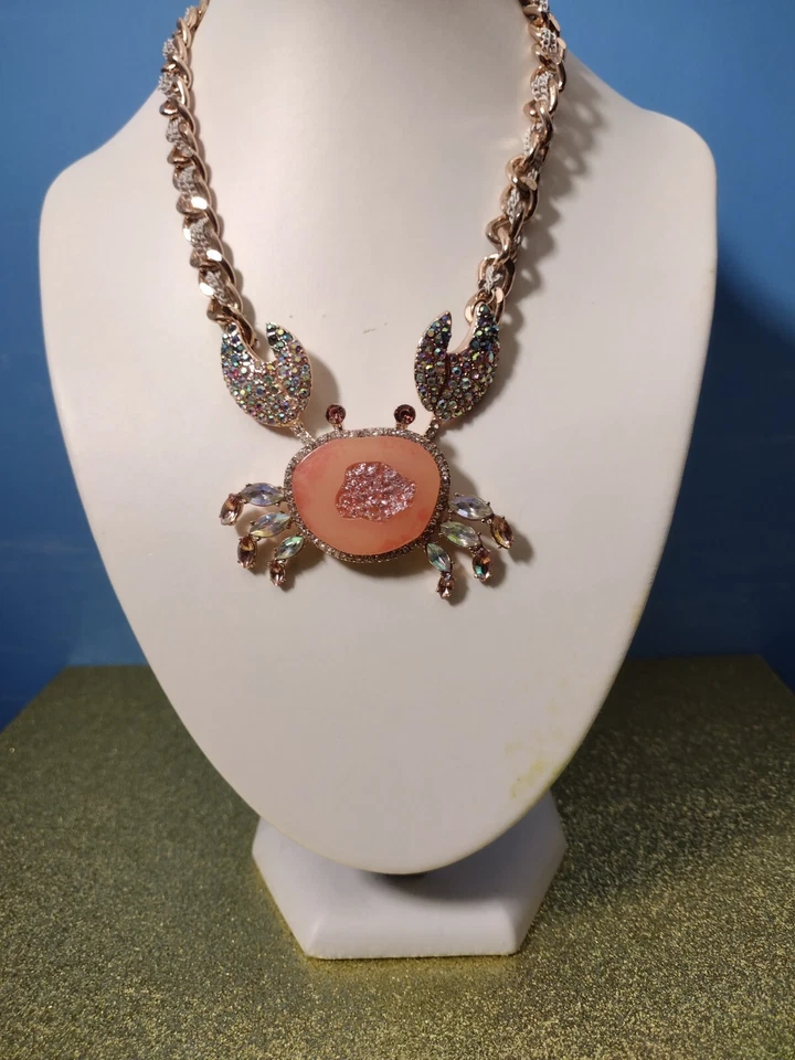 BETSEY JOHNSON RARE PINK PEACH DRUZY GEMSTONE AND RHINESTONES CRAB NECKLACE - Image 1 of 4