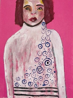 Thrift Store Sweater Woman Original Portrait Painting 8.5x11 Naive Art Miz Katie - Image 1 of 4