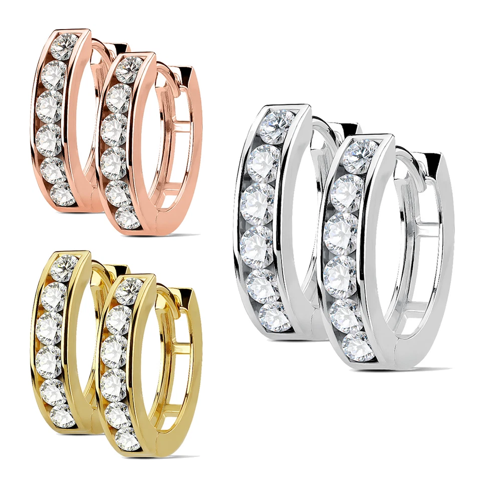 Paar 316L Edelstahl Klapp Creolen Zirkonia CZ silber rose gold Damen Ohrring - Bild 1 von 1