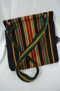 VINTAGE black wool woven striped shoulder bag ethnic - Picture 1 of 7