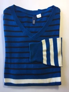 H&M Men V-Neck Sweater Blue White Striped Long Sleeve 100% Cotton - Picture 1 of 12