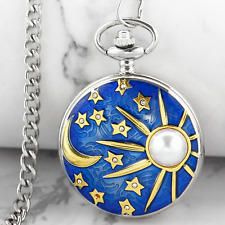 Starry Sky Pocket Watch Stars and Moon Sun Full Hunter Quartz Necklace Chain
