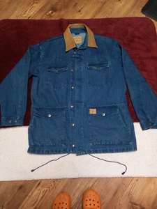 POWDER RIVER LGE. OUTFITTERS MENS DENIM LEATHER RIDING JACKET BARN COAT - Picture 1 of 7