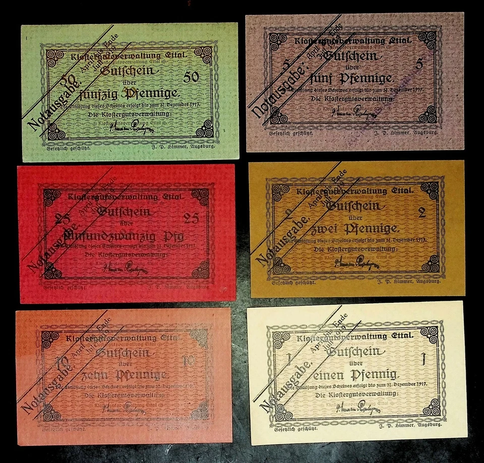 1917 Germany LAGERGELD set of 2  5 10 and 25 50 Phennig  WW1 POW ETTAL cancelled - Image 1 of 2