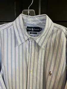 Camicia vintage Ralph Lauren con bottoni uomo L 16 1/2 blu/bianco righe carne pony - Foto 1 di 10