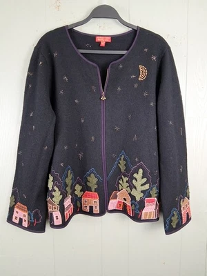 Cárdigan suéter vintage Starry Night Village para mujer XL lana hervida artístico defectuoso Foto 1 de 4