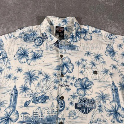 Camisa Hawaiana Harley-Davidson X Tori Richard Para Hombre Pequeña Blanca Azul Aloha Floral Foto 1 de 4