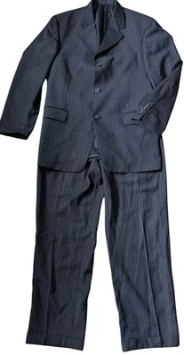 Perry Ellis Navy Blue Pinstripe 2 Pc Suit Men Jacket 44 Pants 34 Vtg Wool - Image 1 of 4