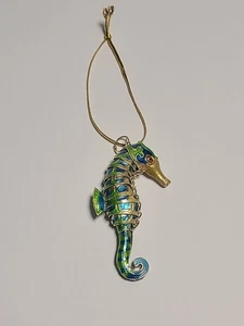 Cloisonné Seahorse Articulated Ornament Charm 3" Blue Green Enamel Gold Trim - Picture 1 of 13