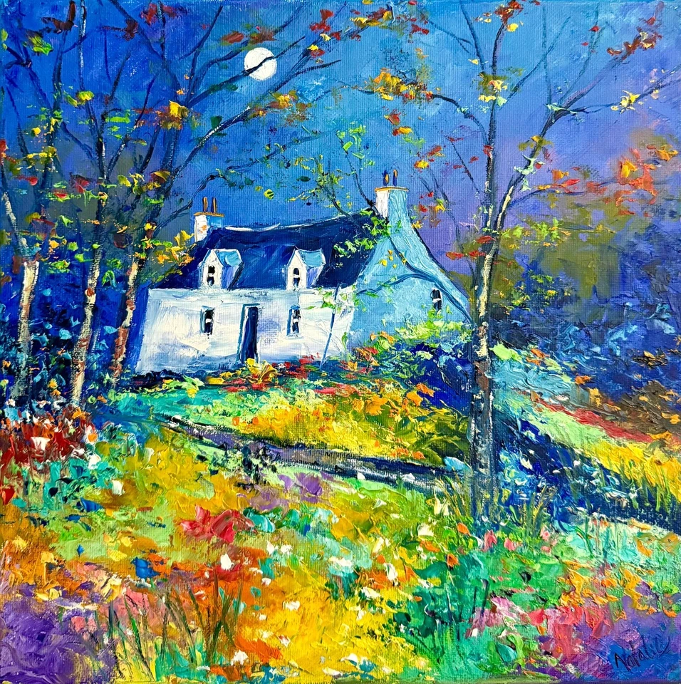 Pintura al óleo escocesa original de Natalie Souter "Amanecer de la luna en Kyle of Lochalsh" Foto 1 de 1