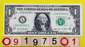 September 1975 1 Birthday Note 09197501 Fancy Serial Number One Dollar Bill FW - Picture 1 of 7