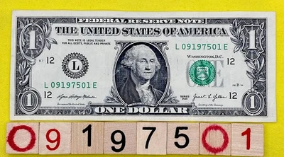 September 1975 1 Birthday Note 09197501 Fancy Serial Number One Dollar Bill FW - Image 1 of 4