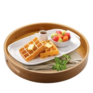 13.8 Inch Large Round Serving Tray, Wood Circle Tray with Handles, Round Otto... - Picture 1 of 6