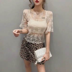 See Through Lace Backing Shirt Chiffon with Hollow Out Mesh Top Ladies - Picture 1 of 14
