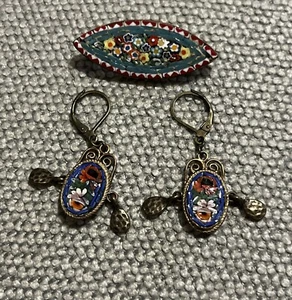VICTORIAN Micro Mosaic Floral Pin & EARRINGS SET - Picture 1 of 7