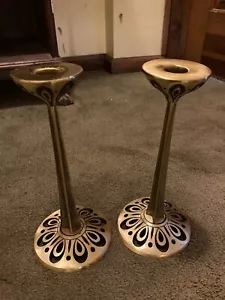 Pair Israel Hen Holan Judaica Shabbat Brass Candlestick Holders 11" Midcentury - Picture 1 of 7
