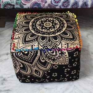 Handcrafted Boho Mandala Pouf Cover Colorful Ottoman Floor Cushion Seat Decor - Picture 1 of 3