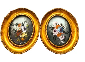 Vintage Set 2 Hand Painted Signed Artist Floral Miniature Gold Wall Frame Italy - Picture 1 of 9