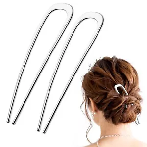 French Hair Pins 2Pcs Metal 2 Prong Hair Fork Large U-Shaped Hair Pins for Wo... - Picture 1 of 8